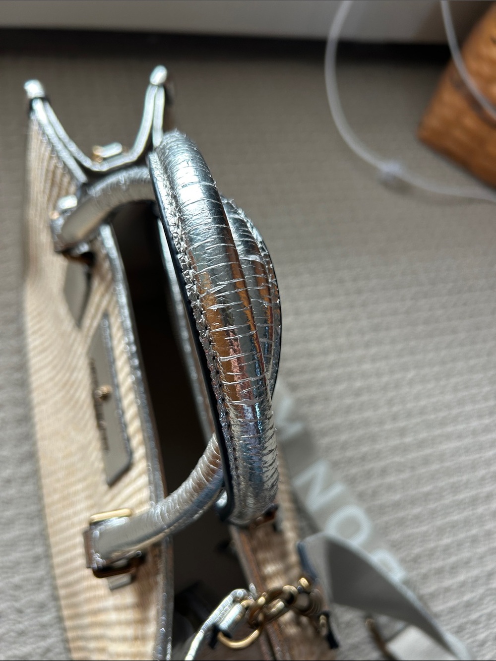 Kurt Geiger Tan Woven Satchel with Silver Metallic Trim and Branded Strap - Picture 3 of 8